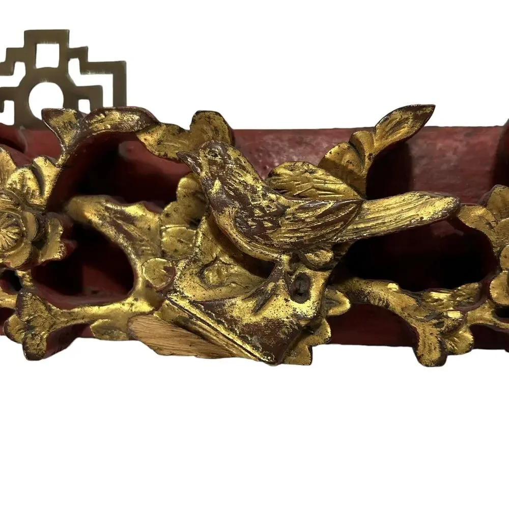Antique Chinese Gold Leaf Carved Wood Wall Art High Relief Panel 18.75